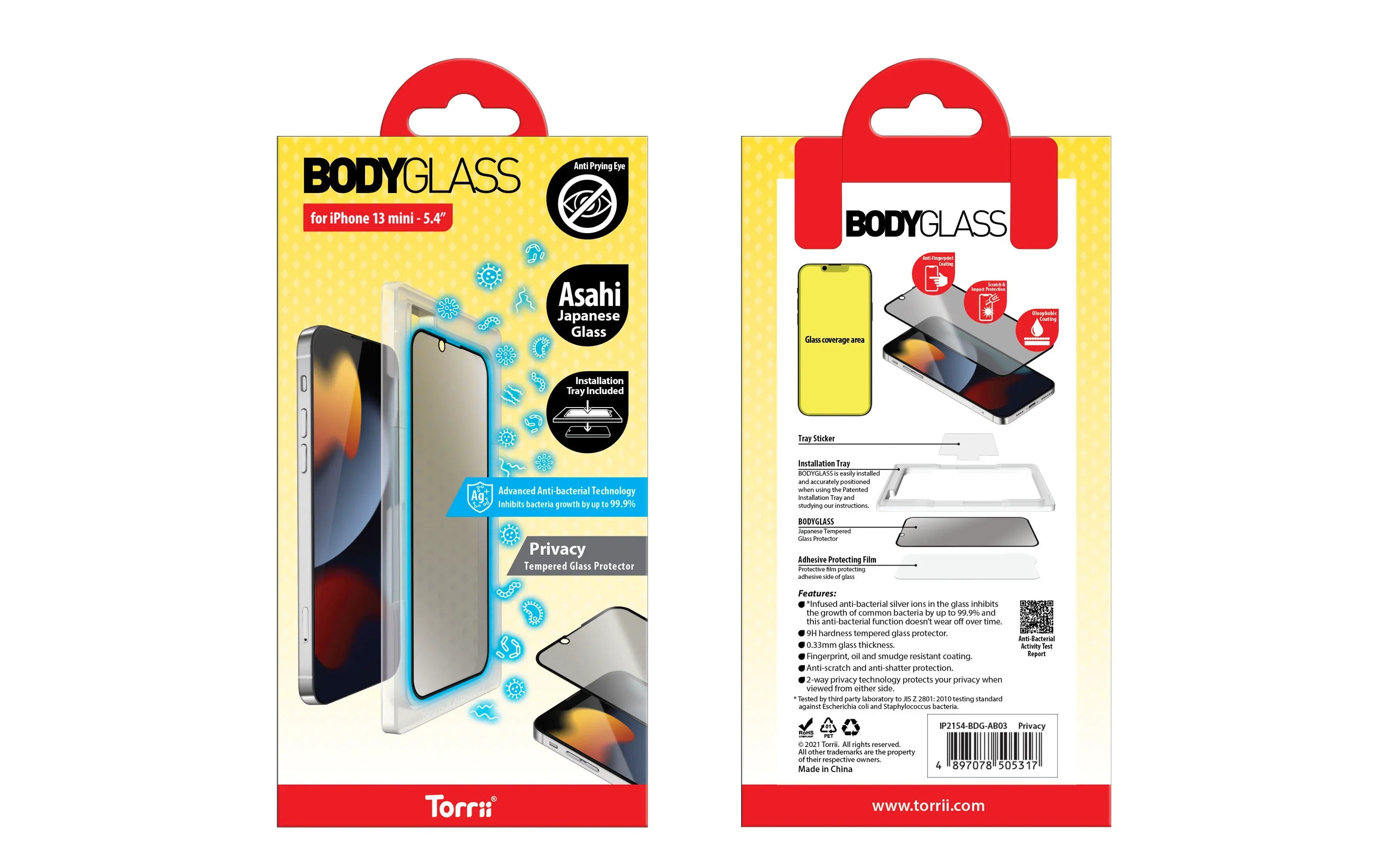 Torrii Bodyglass Screen Protector For iPhone 13 Mini Anti-Bacterial Coating - Privacy - Tashqila Torrii Bodyglass Screen Protector For iPhone 13 Mini Anti-Bacterial Coating - Privacy - Tashqila